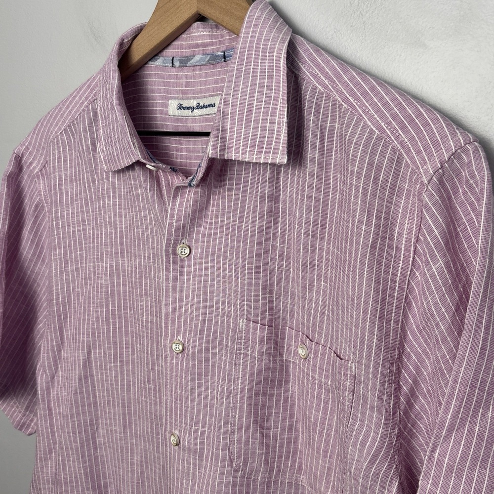 Tommy Bahama Men's Medium Striped Short Sleeve Button-Up Shirt‎ Linen Tencel